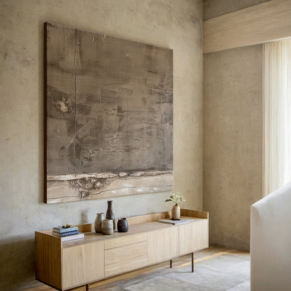 Abstract Blue Textured Plaster Art - High-relief tactile canvas with thick impasto layers, cracked organic texture, and horizontal/vertical lines. Cold gray palette (light gray, deep gray, off-white) with blue undertones, embodying Wabi-sabi philosophy. Displayed in a Scandinavian minimalist living room (light gray linen sofa, natural wool area rug, solid oak coffee table, small potted fiddle leaf fig), ideal for living room focal point, minimalist home decor, or contemporary living space accent. Serene, so