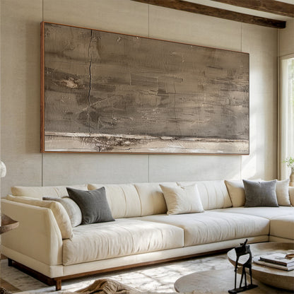 Abstract Blue Textured Plaster Art - High-relief tactile canvas with thick impasto layers, cracked organic texture, and horizontal/vertical lines. Cold gray palette (light gray, deep gray, off-white) with blue undertones, embodying Wabi-sabi philosophy. Displayed in a modern Japandi minimalist interior (wooden floor, neutral walls), ideal for Japandi living room focal point, minimalist bedroom decor, or modern space accent. Serene, sophisticated vibe perfect for grounding minimalist spaces. Thick plaster te