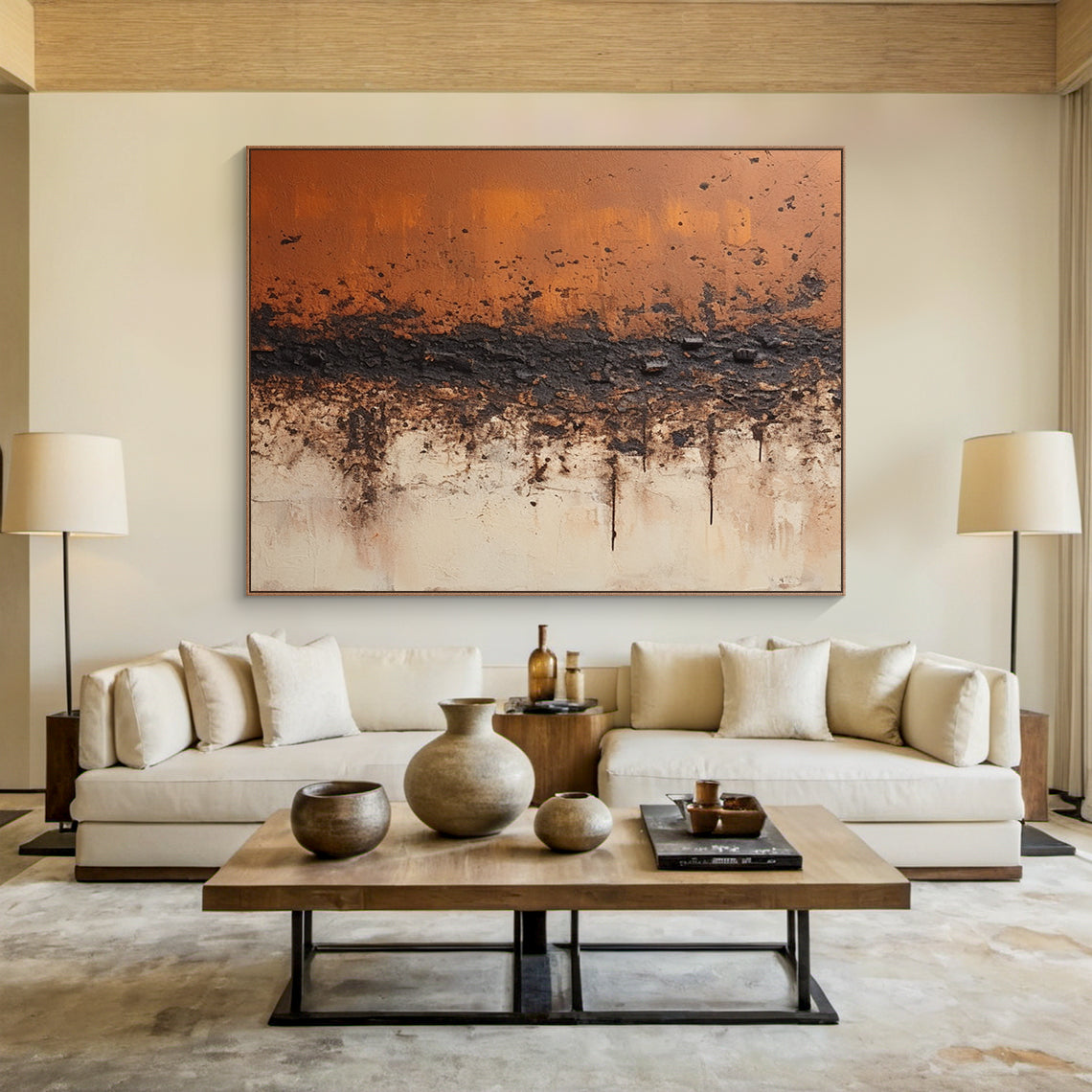 AurafyArt AURA214 Modern Abstract Tactile Canvas Art with High-Relief Plaster & Drip Details. Horizontal layers of warm rust orange, deep charcoal, and soft beige, with subtle blue undertones balancing the warm palette. Hanging in an organic modern living room above a neutral beige linen sofa, paired with a solid oak coffee table, handwoven jute rug, and lush fiddle-leaf fig plants. Complemented by earthy terracotta cushions and a rattan floor lamp, adding natural texture and artistic depth to the cozy gath