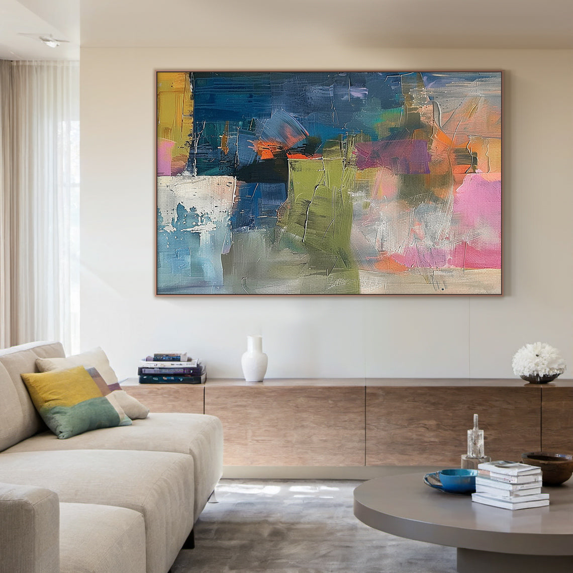 Large contemporary abstract canvas wall art with thick textured brushstrokes—dominant deep blue paired with pink, olive green, mustard yellow, white, and orange. Displayed as an eye-catching centerpiece in a sleek modern bedroom, this statement piece complements minimalist, eclectic, or modern interiors. Ideal for urban homes and apartments, adding dynamic visual depth and artistic flair to bedrooms, reading nooks, or home offices. Ready-to-hang with pre-installed hardware, it turns any space into a lively,