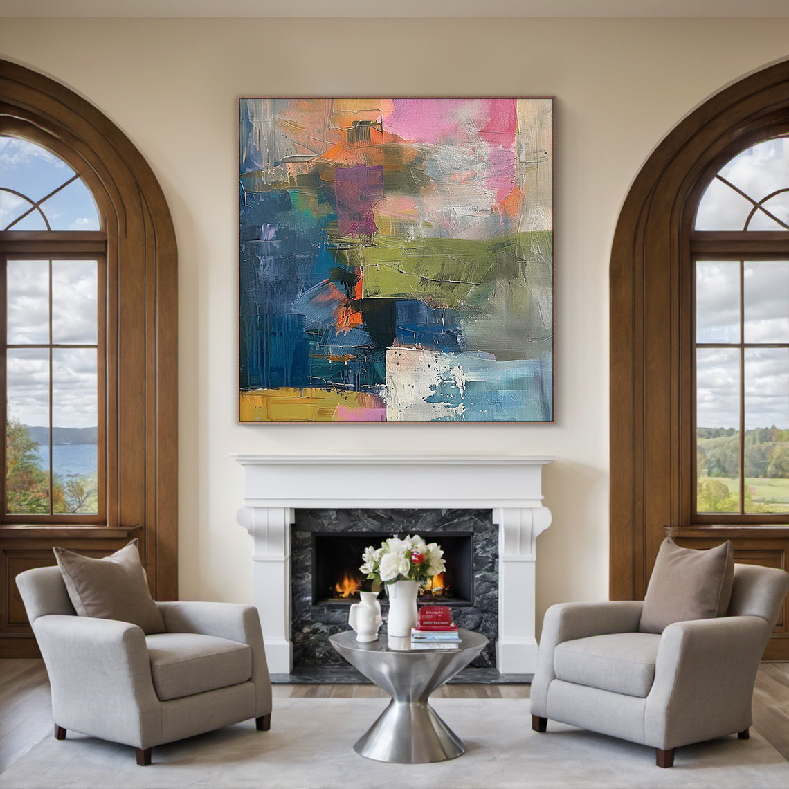 Large contemporary abstract canvas wall art with thick textured brushstrokes—dominant deep blue paired with pink, olive green, mustard yellow, white, and orange. Displayed as a striking focal point in a bright modern living room, this statement piece complements Scandinavian, industrial, or bohemian interiors. Ideal for open-concept living areas, studio apartments, or entryways, adding vibrant energy and sophisticated artistic charm to any space. Ready-to-hang with pre-installed hardware, it turns any area 