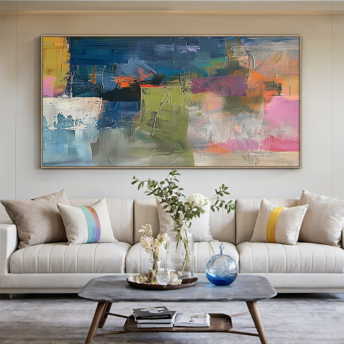 Large contemporary abstract canvas wall art with thick textured brushstrokes—dominant deep blue paired with pink, olive green, mustard yellow, white, and orange. Displayed as a striking focal point in a modern living room/entryway, this statement piece complements minimalist, eclectic, or modern interiors. Ideal for urban homes and apartments, adding dynamic visual depth and artistic flair to living spaces, entryways, or offices. Ready-to-hang with pre-installed hardware, it transforms any area into a vibra