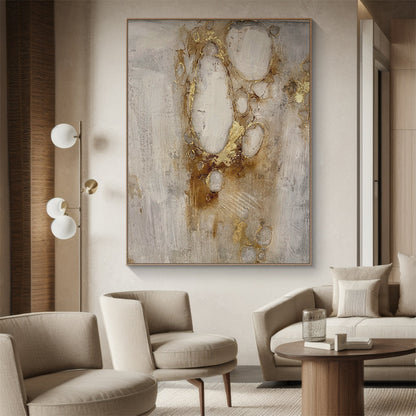 AURA181 abstract painting with thick, textured strokes—metallic gold knife marks, earthy brown-red undertones, and 3D tactile relief. Soft neutral base (light gray) with dynamic abstract forms. Ideal as a living room sofa backdrop accent, elegant dining room wall decor, or a sleek modern office statement piece. Modern luxury abstract wall art, perfect for elevating refined, contemporary home and workspace interiors.