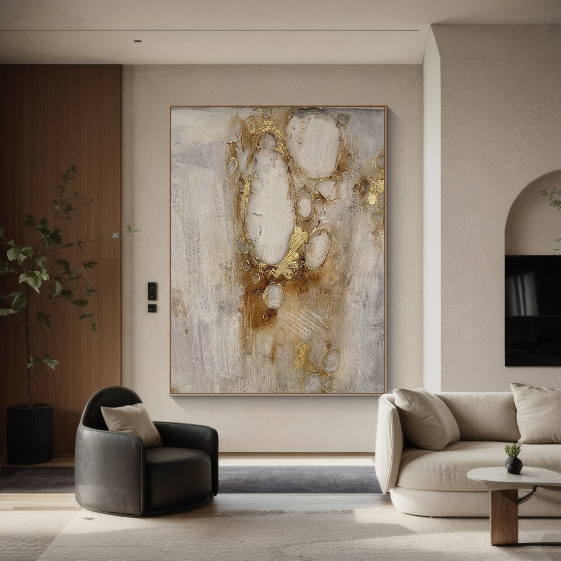 AURA181 abstract painting with thick, textured strokes—metallic gold knife marks, earthy brown-red undertones, and 3D tactile relief. Soft neutral base (light gray) with dynamic abstract forms. Ideal as a living room sofa backdrop accent, elegant dining room wall decor, or a sleek modern office statement piece. Modern luxury abstract wall art, perfect for elevating refined, contemporary home and workspace interiors.