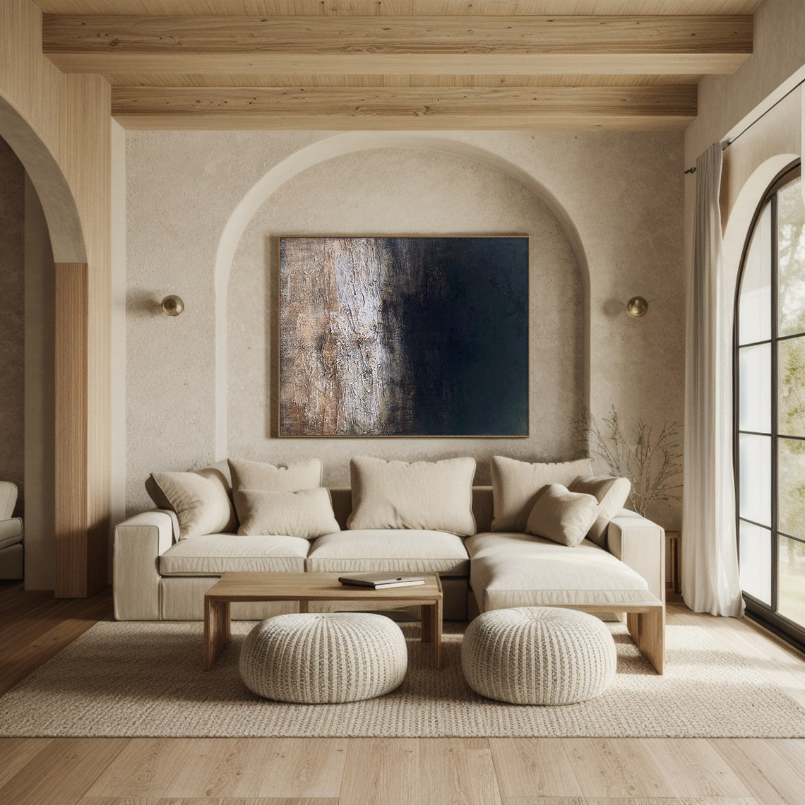 Abstract Blue Wall Art AURA182 - Modern Minimalist Tactile Plaster Textured Artwork with Wabi-sabi Influences. Deep indigo and charcoal hues transition to soft taupe/off-white gradient (dark top to light bottom), featuring 3D sculpted cracked, mottled impasto strokes for organic raw beauty. Hanging vertically above gray sofa in modern living room, ideal for Japandi decor, tall narrow spaces, minimalist bedrooms or contemporary offices to add serene depth.