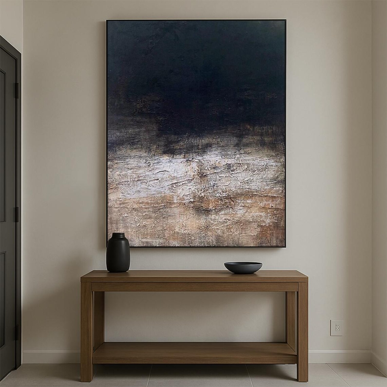 Abstract Blue Wall Art AURA182 - Modern Minimalist Tactile Plaster Textured Artwork with Deep Indigo, Charcoal, Taupe & Off-White Gradient. 3D Sculpted with Cracked Mottled Details, Wabi-Sabi Inspired. Perfect for Contemporary Bedroom Decor Above Neutral Bed Frame, Scandi-Inspired Interior, Cozy Reading Nook Wall or Minimalist Home Office. Sleek Black Frame, Vertical Hanging.