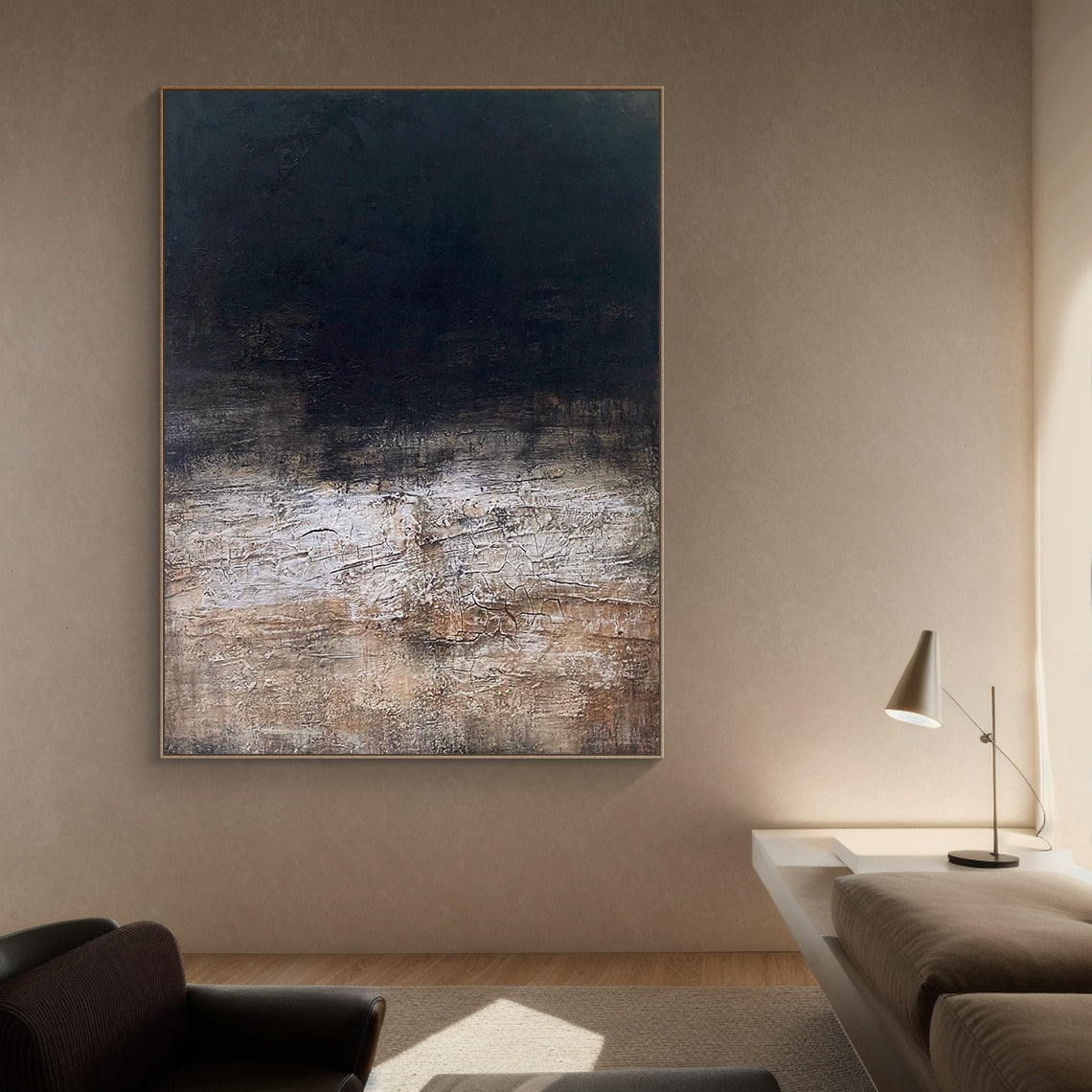 Abstract Blue Wall Art AURA182 - Modern Minimalist Tactile Plaster Textured Artwork with Deep Indigo, Charcoal, Taupe & Off-White Gradient. 3D Sculpted with Cracked Mottled Details, Wabi-Sabi Inspired. Perfect for Modern Living Room Wall Above Sofa, Luxury Office Reception Area, Japanese Style Tea Room Wall or Contemporary Hotel Lobby Decor. Sleek Black Frame, Vertical Hanging.