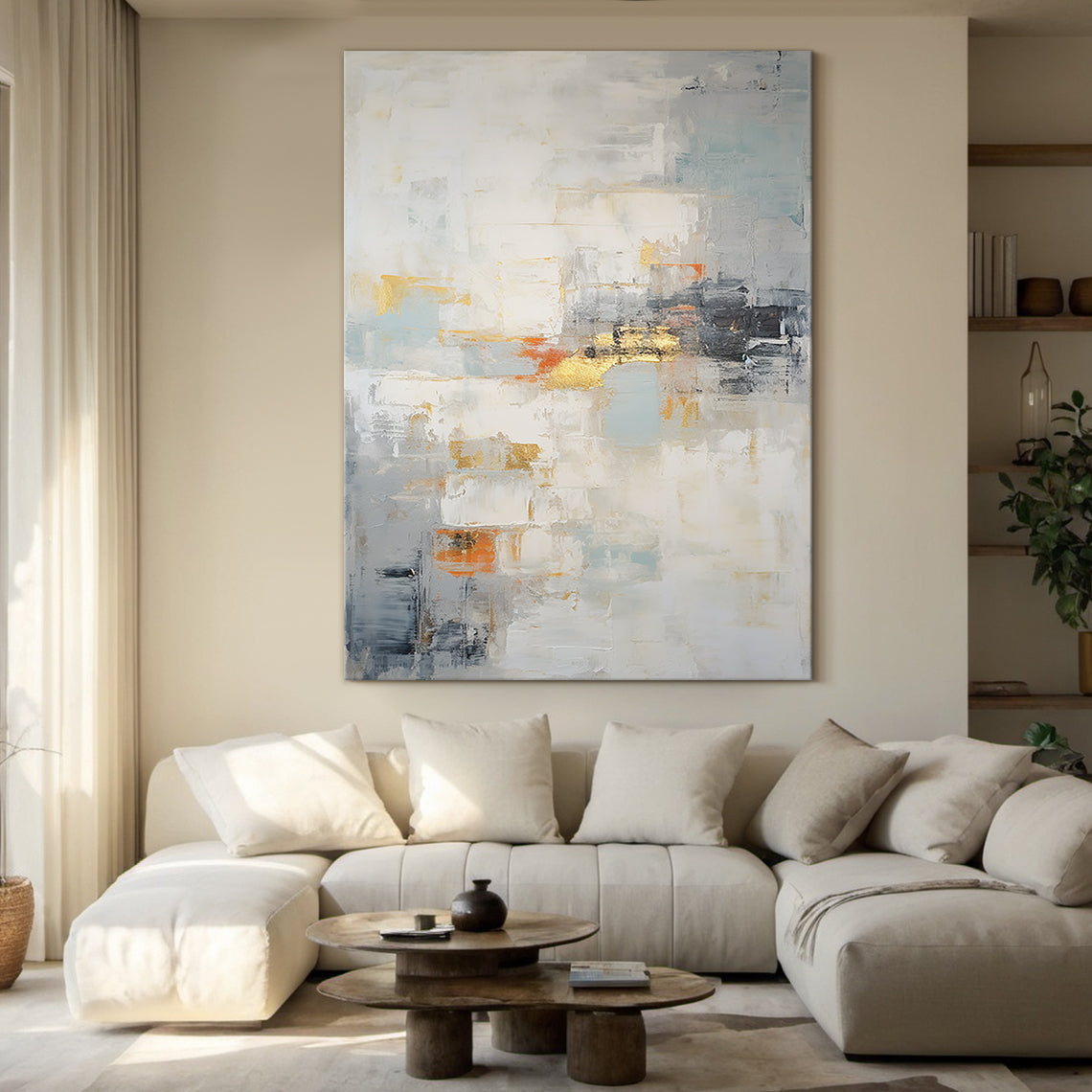 AURA187 Abstract Wall Art with Tactile 3D Plaster Impasto Texture, Hand-Applied Gold Leaf & Calming Blue-Neutral Palette (Soft Gray-Blues, Neutral Beige/Ivory, Warm Orange Accents). Displayed in Sunlit Japandi Bedroom with Natural Wood Furniture & Linen Bedding—Perfect for Modern Luxe/Nordic Interiors to Elevate Serene Spaces with Understated Opulence & Visual Depth.