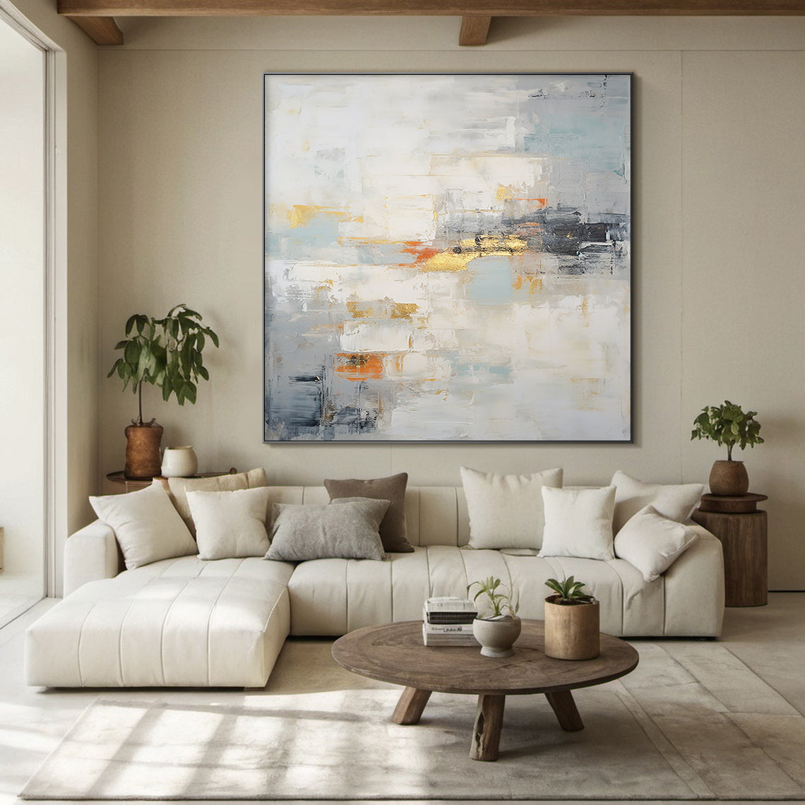 Modern Minimalist Luxe Abstract Blue Canvas Art | Thick Plaster Impasto Texture with Soft Gray-Blues, Neutral Beige/Ivory, Warm Orange Accents & Hand-Applied Gold Leaf. Ideal for Japandi Living Room Decor, Modern Bedroom Focal Point, or Minimalist Office Wall Art—Elevates Serene, Sophisticated Contemporary Spaces.  
AURA187 Abstract Wall Art with Tactile 3D Plaster Finish, Gold Leaf Details & Calming Blue-Neutral Palette—Perfect for Nordic, Modern Luxe or Japandi Home Interiors to Add Understated Opulence &