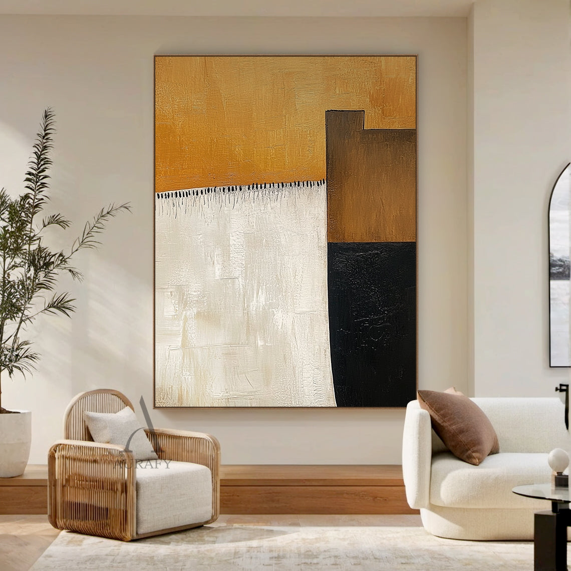 AURA641 Abstract Brown Beige Wall Art, modern organic abstract painting with impasto thick tactile brush strokes. Features large warm amber brown top block, vertical soft beige left block, dark brown and deep black geometric blocks on the right, with delicate black tassel-style short brush strokes as detail between brown and beige areas. All color blocks have visible hand-painted brush textures, earthy neutral palette, ideal for Japandi minimalist home decor.