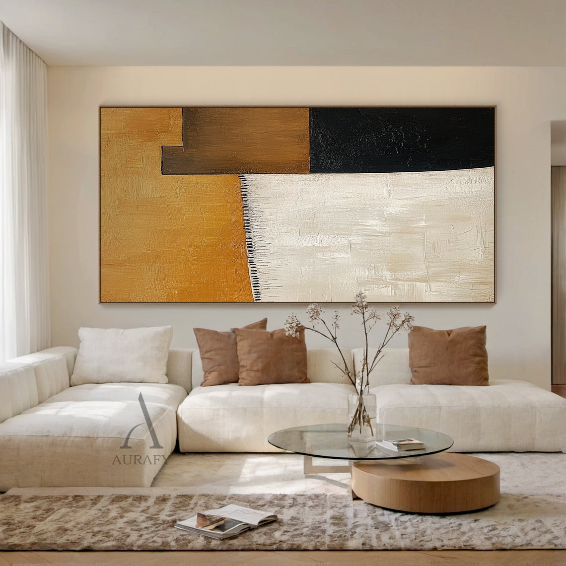 AURA641 Abstract Brown Beige Wall Art, modern organic abstract painting with impasto thick tactile brush strokes. Features large warm amber brown top block, vertical soft beige left block, dark brown and deep black geometric blocks on the right, with delicate black tassel-style short brush strokes as detail between brown and beige areas. All color blocks have visible hand-painted brush textures, earthy neutral palette, ideal for Japandi minimalist home decor.