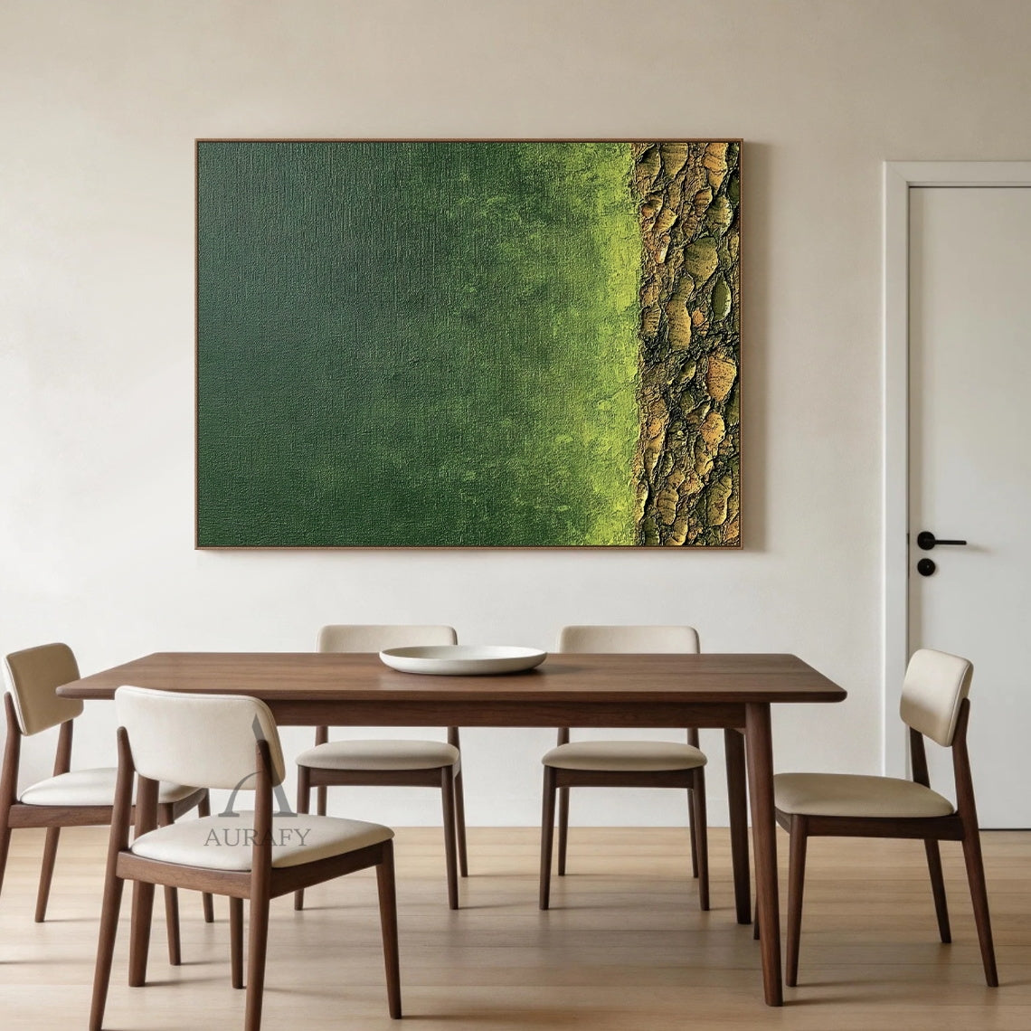 Modern Wabi-Sabi Green Landscape Wall Art AURA407 - Deep forest green gradients gently transition to lime green, paired with a 3D cracked impasto earthy base. Tactile layered texture and raw canvas charm stand out in a bright sunlit Scandinavian study nook beside a wooden desk or minimalist dining area above a sleek marble table, serving as a calm natural decor ideal for boosting focus in workspaces or warming up daily mealtime moments.