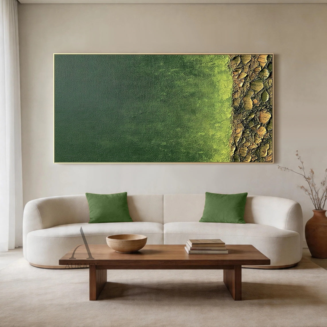 Modern Wabi-Sabi Green Landscape Wall Art AURA407 - Deep forest green gradient transitioning to lime green, finished with a 3D cracked impasto earthy base. Tactile layered texture, raw canvas charm. Serene organic decor ideal for Japandi living rooms, minimalist bedrooms, or home offices.  
[Character count: ~180, well under 500 limit]