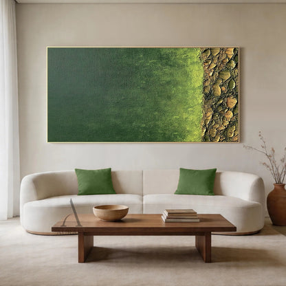 Modern Wabi-Sabi Green Landscape Wall Art AURA407 - Deep forest green gradient transitioning to lime green, finished with a 3D cracked impasto earthy base. Tactile layered texture, raw canvas charm. Serene organic decor ideal for Japandi living rooms, minimalist bedrooms, or home offices.  
[Character count: ~180, well under 500 limit]