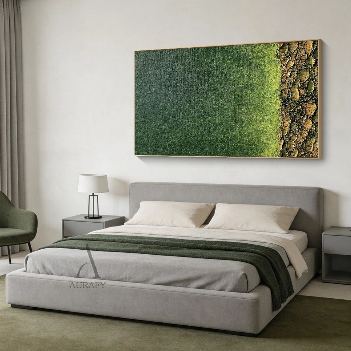 Modern Wabi-Sabi Green Landscape Wall Art AURA407 - Deep forest green gradients gently transition to lime green, paired with a 3D cracked impasto earthy base. Tactile layered texture and raw canvas charm stand out in a soft-lit Japandi living room corner or minimalist bedroom by the window, serving as a serene organic decor ideal for home offices too.