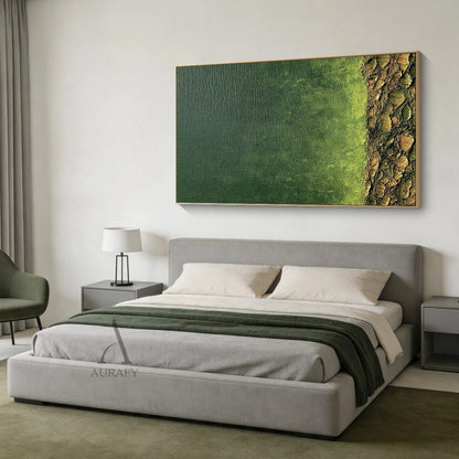 Modern Wabi-Sabi Green Landscape Wall Art AURA407 - Deep forest green gradients gently transition to lime green, paired with a 3D cracked impasto earthy base. Tactile layered texture and raw canvas charm stand out in a soft-lit Japandi living room corner or minimalist bedroom by the window, serving as a serene organic decor ideal for home offices too.