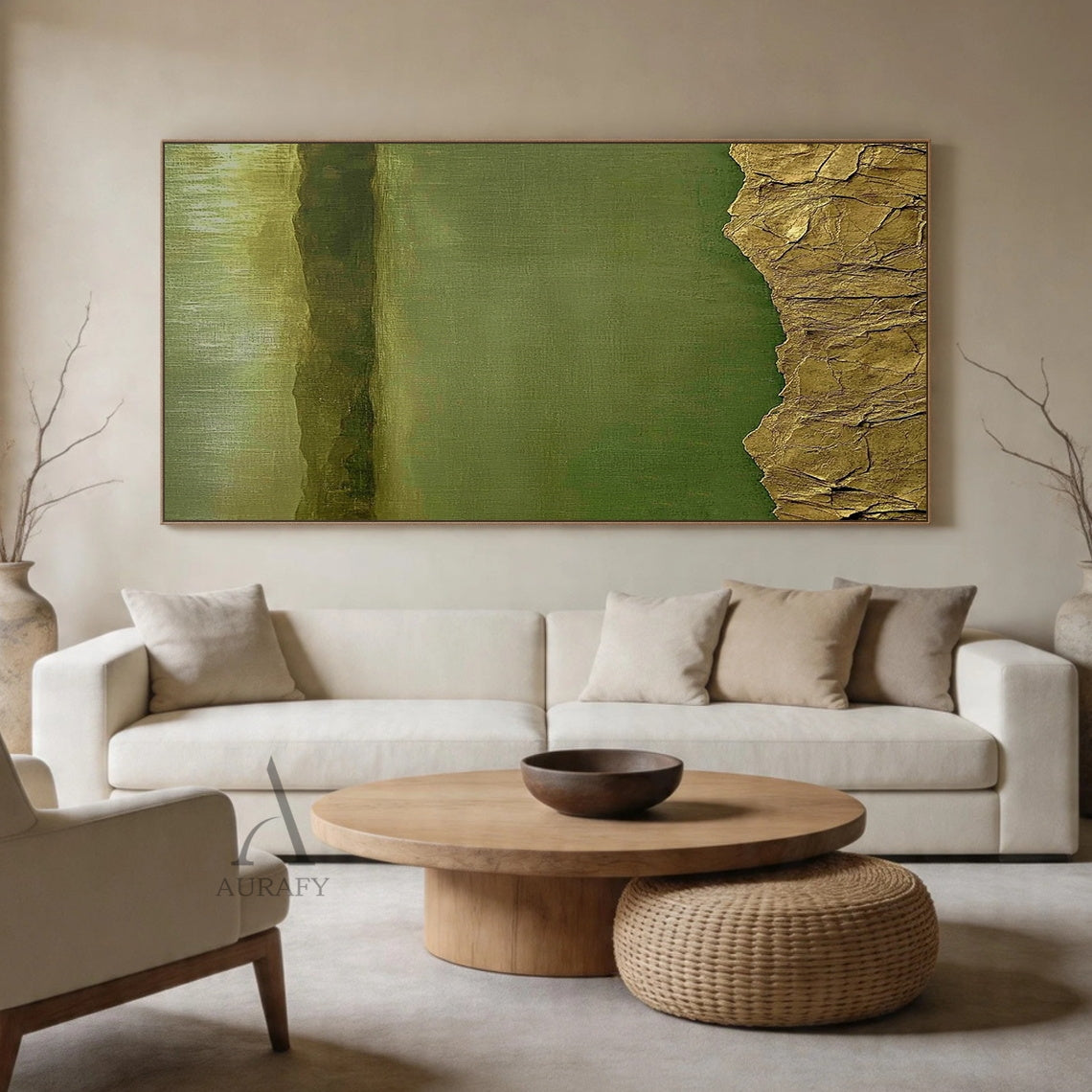 Modern Wabi-sabi Green Landscape Wall Art with tactile 3D cracked golden-brown foreground, smooth muted olive and forest green lake scene, distant hazy hills. Ideal for Japandi living room decor, minimalist bedroom focal point, or home office serene wall art to enhance calm organic vibe. AURA408 nature scene wall art blending minimalist elegance and wabi-sabi reverence for imperfect beauty.