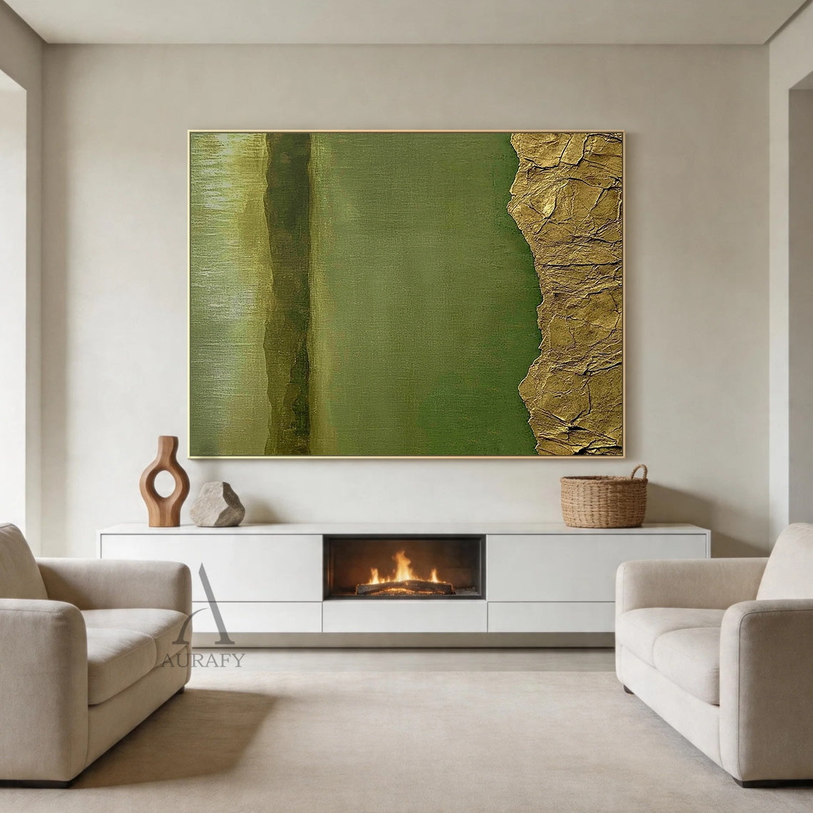 Modern Wabi-sabi Green Landscape Wall Art with tactile 3D cracked golden-brown foreground, smooth muted olive and forest green lake scene, distant hazy hills. Ideal for Scandinavian living room statement piece, bohemian bedroom calming focal point, or earthy-toned home office serene decor to enhance warm organic ambiance. AURA408 nature scene wall art merging minimalist grace and wabi-sabi appreciation for imperfect beauty.