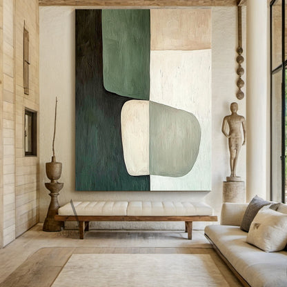 AURA405 modern organic abstract wall art, oil-acrylic blend with tactile brush stroke texture, features soft-edged muted dark green, sage green, warm beige and off-white color blocks, including a two-tone irregular oval shape at lower center, balanced earthy tone abstract artwork for Japandi, minimalist home interior decor