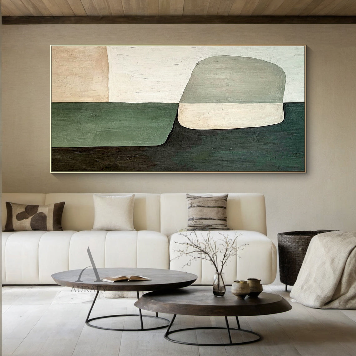 AURA405 modern organic abstract wall art, oil-acrylic blend with tactile brush stroke texture, features soft-edged muted dark green, sage green, warm beige and off-white color blocks, including a two-tone irregular oval shape at lower center, balanced earthy tone abstract artwork for Japandi, minimalist home interior decor