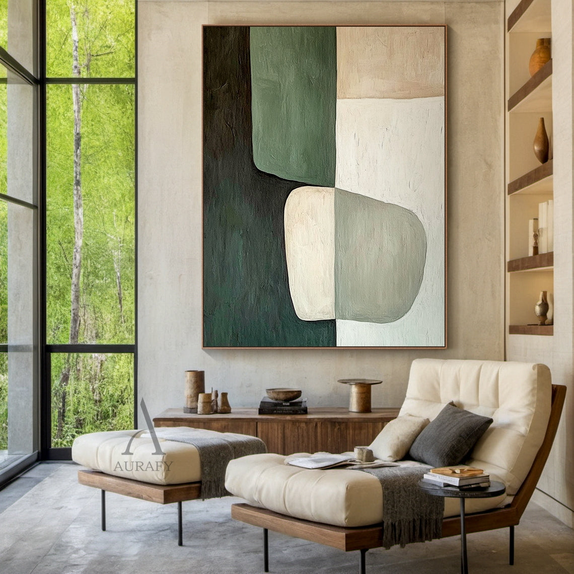 AURA405 modern organic abstract wall art, oil-acrylic blend with tactile brush stroke texture, features soft-edged muted dark green, sage green, warm beige and off-white color blocks with a two-tone irregular oval shape at lower center, displayed hung above a light oak sideboard in a sunlit Japandi entryway, balanced earthy tone abstract artwork suitable for minimalist, quiet luxury and natural style home interior decor