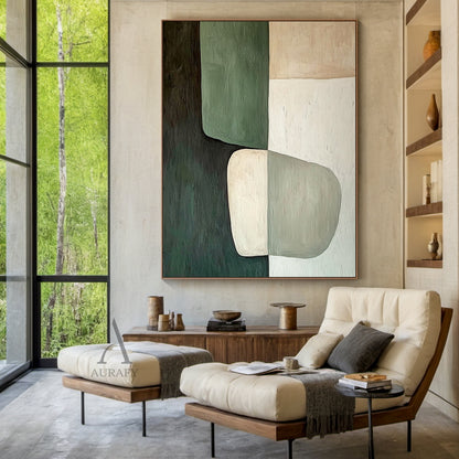 AURA405 modern organic abstract wall art, oil-acrylic blend with tactile brush stroke texture, features soft-edged muted dark green, sage green, warm beige and off-white color blocks with a two-tone irregular oval shape at lower center, displayed hung above a light oak sideboard in a sunlit Japandi entryway, balanced earthy tone abstract artwork suitable for minimalist, quiet luxury and natural style home interior decor