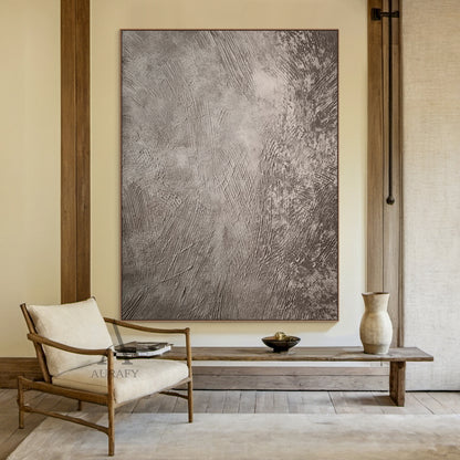 Gray abstract art with plaster textured surface: sculpted parallel and diagonal scratches (varying thickness, density, depth) create dynamic layered visual texture. Industrial minimalist style, neutral gray palette (soft ash to rich charcoal) with subtle light/shadow interplay enhancing depth. Tactile 3D design ideal for modern living room sofa backdrop, luxury bedroom headboard wall, or open-concept study nook decoration (AURA596).