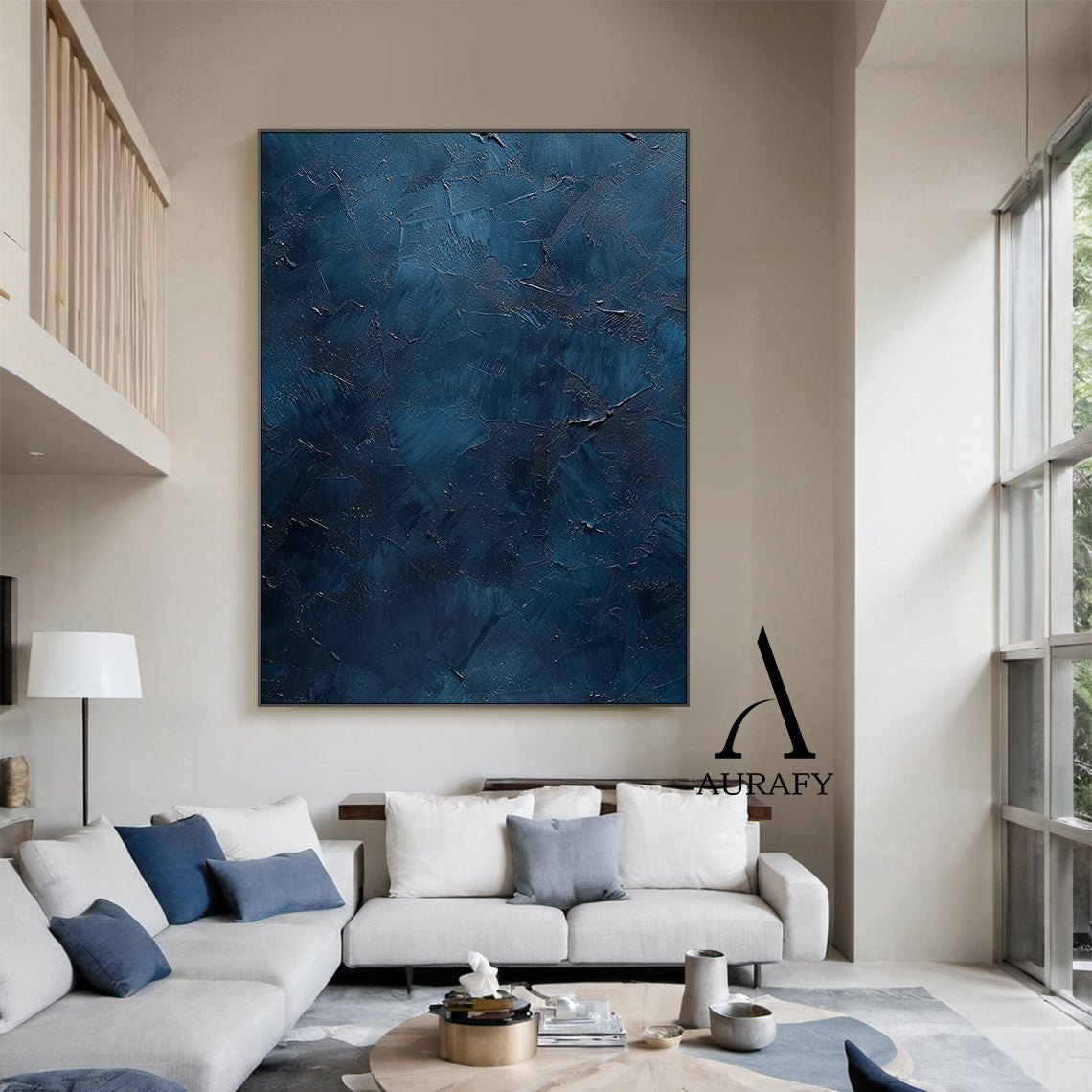 Handcrafted navy blue abstract minimalist canvas wall art scene display, showcasing a thick hand-applied impasto palette knife textured surface with irregular raised scrapes, subtle embedded metallic shimmer flecks, layered muted blue hues ranging from soft slate blue to deep midnight navy, no figurative patterns, this wabi-sabi Japandi style artwork from Aurafy is ideal for modern minimalist, wabi-sabi and Japandi interior wall decor.