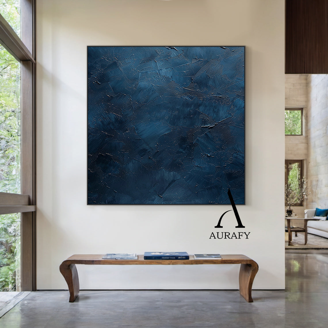 Handcrafted navy blue abstract minimalist canvas wall art scene display, showcasing a thick hand-applied impasto palette knife textured surface with irregular raised scrapes, subtle embedded metallic shimmer flecks, layered muted blue hues ranging from soft slate blue to deep midnight navy, no figurative patterns, this wabi-sabi Japandi style artwork from Aurafy is ideal for modern minimalist, wabi-sabi and Japandi interior wall decor.