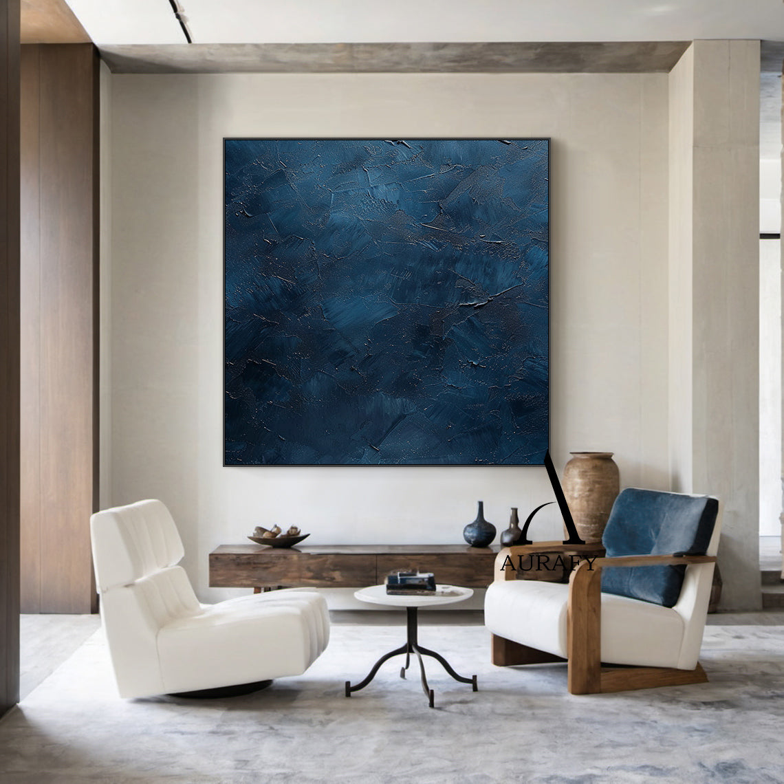 Handcrafted navy blue abstract minimalist canvas wall art, featuring thick hand-applied impasto palette knife textured surface with irregular raised scrapes, subtle metallic shimmer flecks, layered muted blue shades ranging from soft slate blue to deep midnight navy, no figurative patterns, wabi-sabi Japandi style artwork from Aurafy, ideal for modern minimalist, wabi-sabi, Japandi interior wall decor.