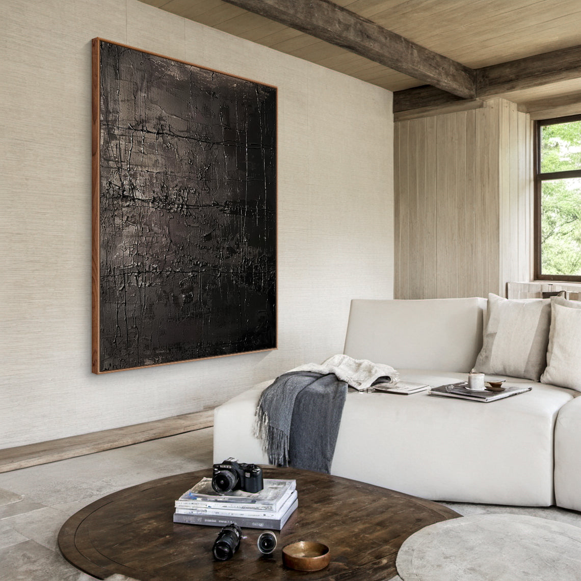 Black Abstract Art Modern Wabi-Sabi Canvas Wall Art (AURA192) - Impasto & Scraped Mottled Rough Tactile Texture with Thick Paint Layers and Crossed Horizontal/Vertical Lines. Displayed in a Minimalist Japanese Study Room with Tatami Mat, Low Wooden Desk, Potted Bamboo, Soft Warm Lighting from Paper Lanterns, and Neutral-toned Cushions. Ideal for Minimalist or Nature-Inspired Home Spaces to Add Artistic Tension.