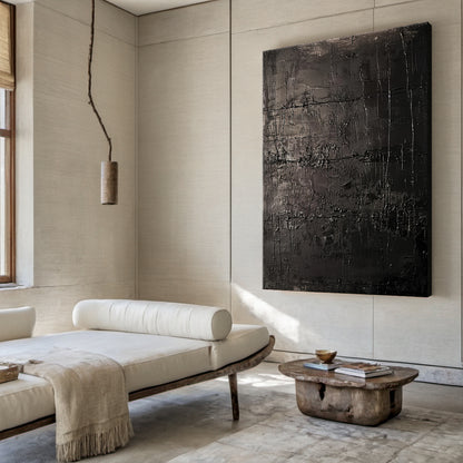 Black Abstract Art Canvas Wall Art (AURA192) | Modern Wabi-Sabi Style with Impasto & Scraped Rough Tactile Textures. Focal point in a serene wabi-sabi living room featuring solid wood coffee table, linen throw pillows, terracotta planters with potted succulents, woven rattan floor lamp, and warm ambient light filtering through natural fiber curtains—ideal for infusing artistic contrast into minimalist natural interiors, harmonizing 质朴 (natural) warmth with modern artistic flair. Perfect for enhancing wabi-s