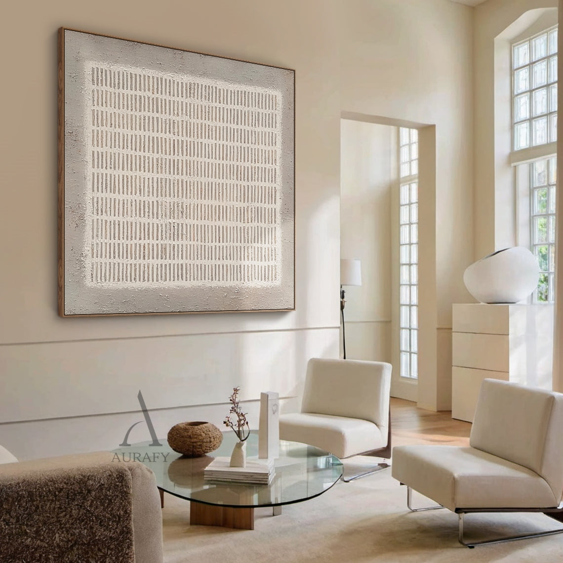 Handcrafted Gray Abstract Art - Minimalist Grid with Vertical Lines, Rough Edges, and Tactile 3D Surface in Neutral Tones (Off-White, Light Gray, Taupe) for Modern Living Room Above Linen Sofa, Minimalist Bedroom Bedside, or Scandinavian Style Study Bookshelf. Wabi-Sabi Imperfections Infuse Warmth into Both Inviting Living Areas and Serene Rest Spaces. This Abstract Piece Features Organic Grid Patterns and Hand-Applied Texture to Elevate Neutral Interiors with Understated Elegance. Suitable for Modern Minim