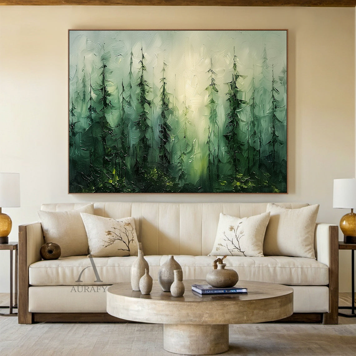 Impasto palette knife oil painting of misty coniferous forest with winding dirt path landscape. Features layered green tones: rich dark evergreen for towering foreground cedar and fir trees, vivid chartreuse for fern and berry bush undergrowth, muted sage and frosty mint green for fog-obscured distant tree lines. Warm soft golden sunbeams pierce the wispy floating mist between branches, with distinct thick textured palette knife strokes, capturing the peaceful, fresh atmosphere of late morning foggy woodlan
