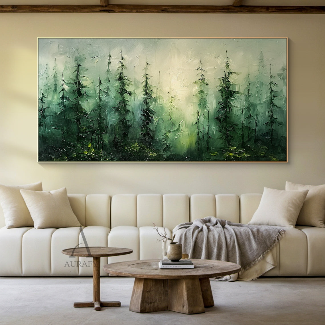 Impasto palette knife oil painting of misty coniferous forest with winding dirt path landscape. Features layered green tones: rich dark evergreen for towering foreground cedar and fir trees, vivid chartreuse for fern and berry bush undergrowth, muted sage and frosty mint green for fog-obscured distant tree lines. Warm soft golden sunbeams pierce the wispy floating mist between branches, with distinct thick textured palette knife strokes, capturing the peaceful, fresh atmosphere of late morning foggy woodlan