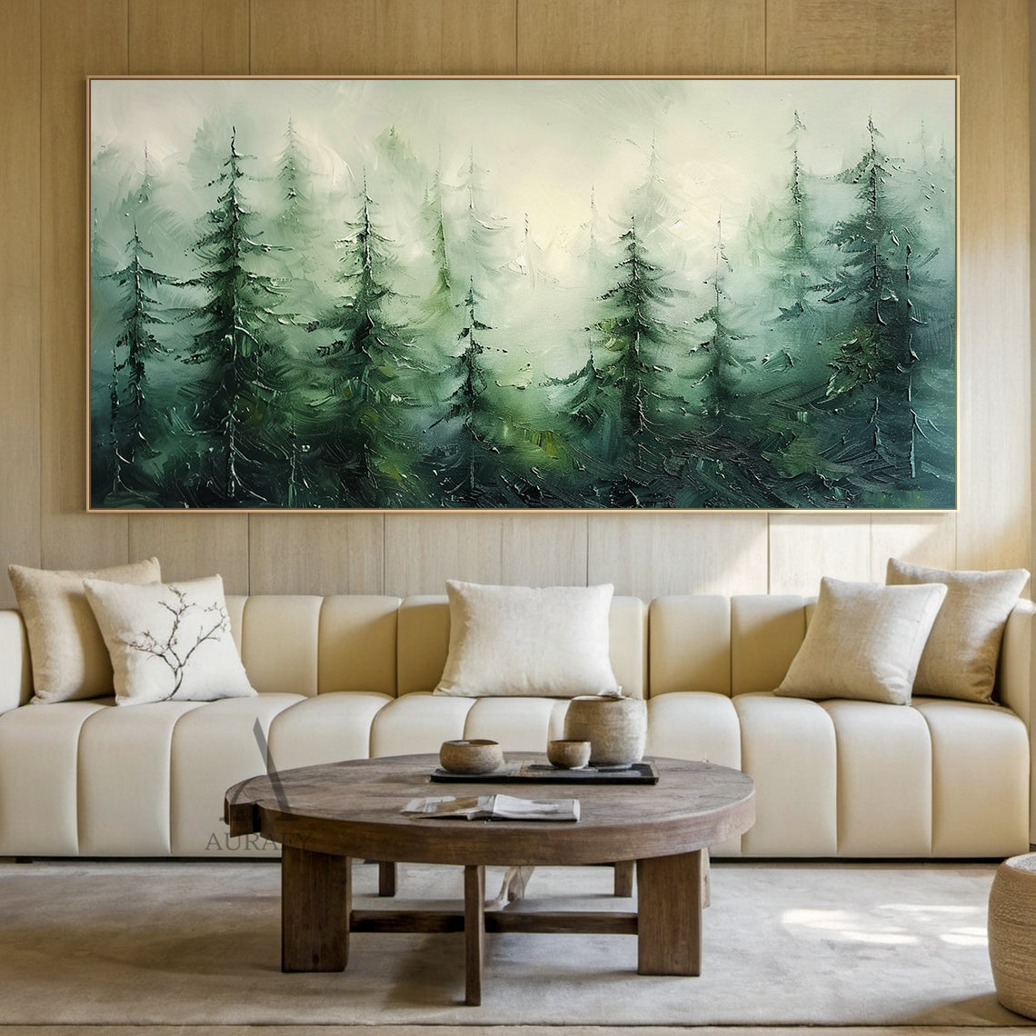 Impressionist palette knife impasto oil painting wall art, depicting a serene sun-dappled old-growth coniferous (pine/fir) forest mountain lake landscape. Adopts full green tone color system: foreground moss-covered boulders and undergrowth wild berry shrubs are rendered in deep evergreen & yellowish moss green with thick raised textured palette knife strokes simulating fluffy moss texture and tiny leaf details, midground dense coniferous woods along the lake shore fade to soft sage & celadon green, blurrin