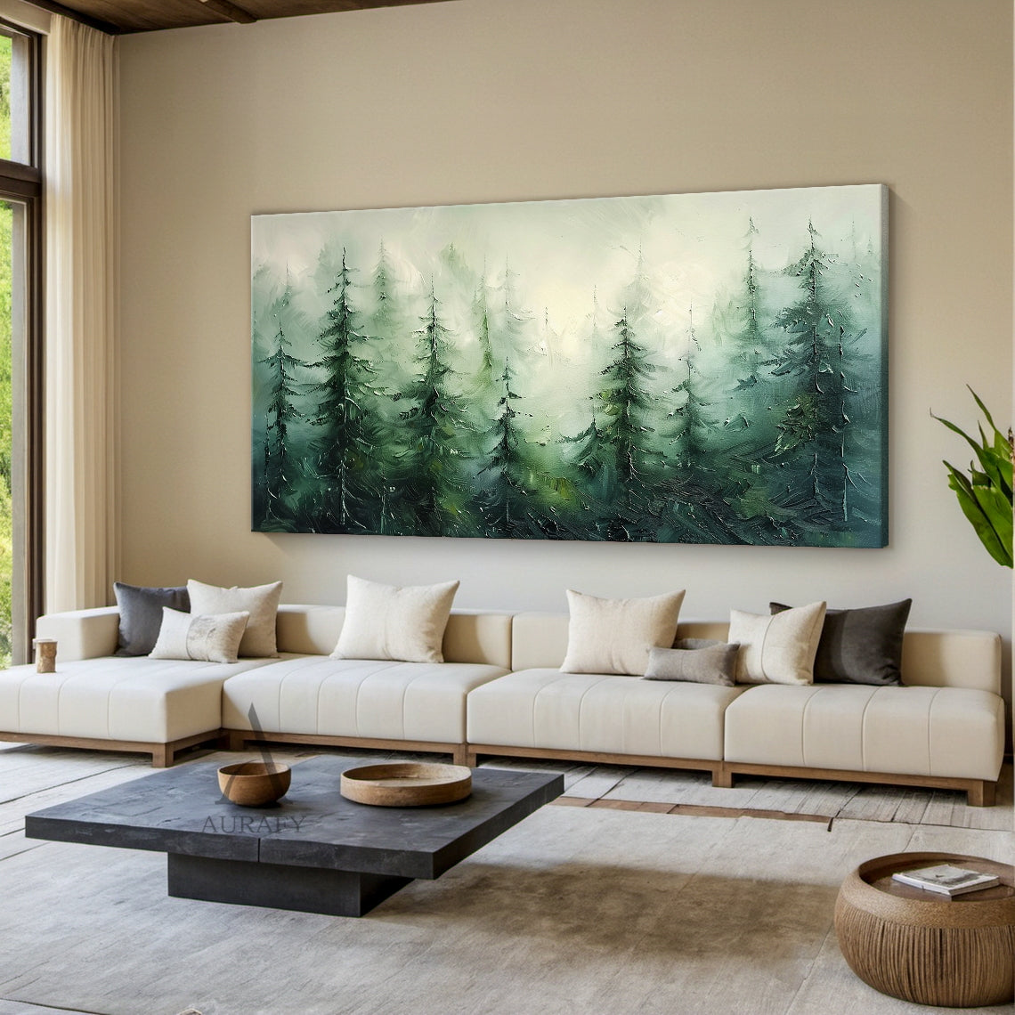 Impressionist palette knife impasto oil painting wall art, depicting a serene sun-dappled old-growth coniferous (pine/fir) forest mountain lake landscape. Adopts full green tone color system: foreground moss-covered boulders and undergrowth wild berry shrubs are rendered in deep evergreen & yellowish moss green with thick raised textured palette knife strokes simulating fluffy moss texture and tiny leaf details, midground dense coniferous woods along the lake shore fade to soft sage & celadon green, blurrin