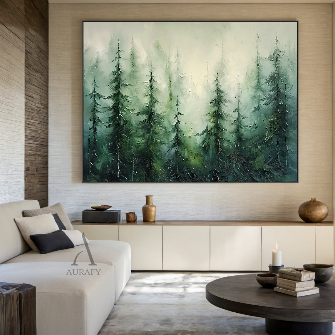 Impressionist palette knife impasto oil painting wall art, depicting a peaceful sun-dappled old-growth coniferous (pine/fir) forest stream landscape. Adopts full green tone color system: foreground low pine boughs and undergrowth ferns are rendered in deep evergreen & olive green with thick raised textured palette knife strokes simulating needle and frond texture, midground forest along the meandering stream fades to soft sage & mint green, blurring into milky pale morning fog, warm golden sunlight slants t