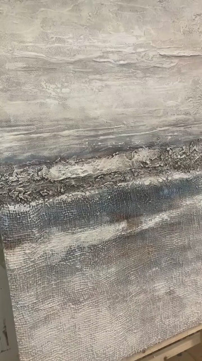 Frozen Silence – White & Grey Wabi-Sabi Textured Wall Art – AURA036(Horizontal)