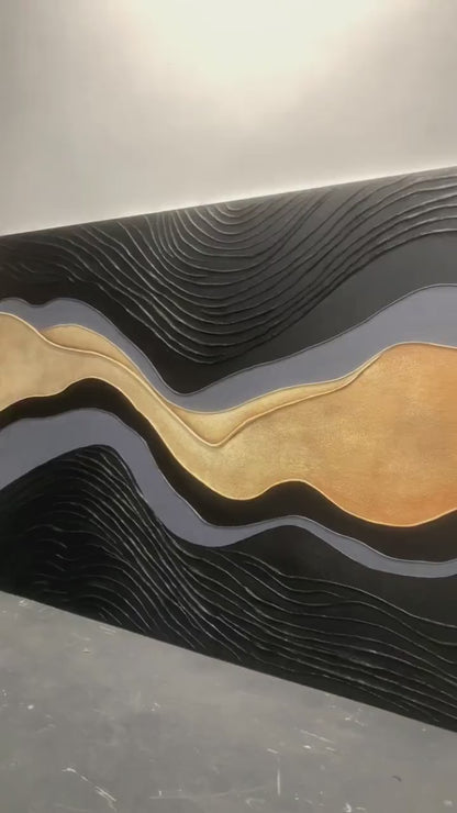 Metallic Topography Painting – Onyx & Gold Accents – AURA033(Horizontal)
