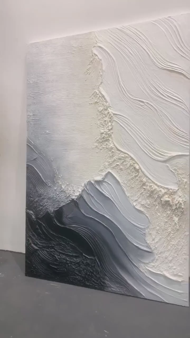 Organic Swirl Painting – Cream, Gray & Charcoal Tones – AURA001(Vertical)