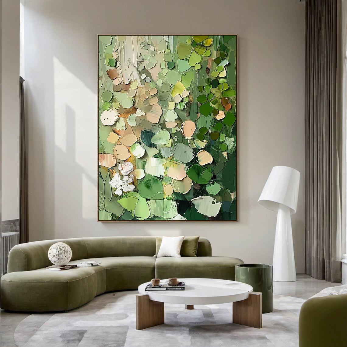 AURA163 Impasto Abstract Painting with thick textured layers of multi-tonal greens (olive, deep forest, light green), warm brown, beige, white, and subtle red accents. Abstract natural plant-inspired forms, hanging as a striking focal point in a sleek modern living room above a low-profile neutral sofa, beside a marble side table with a minimalist black floor lamp. Ideal for modern, contemporary, or Scandinavian interiors, adding tactile depth and nature-infused warmth to any space. This general abstract wa