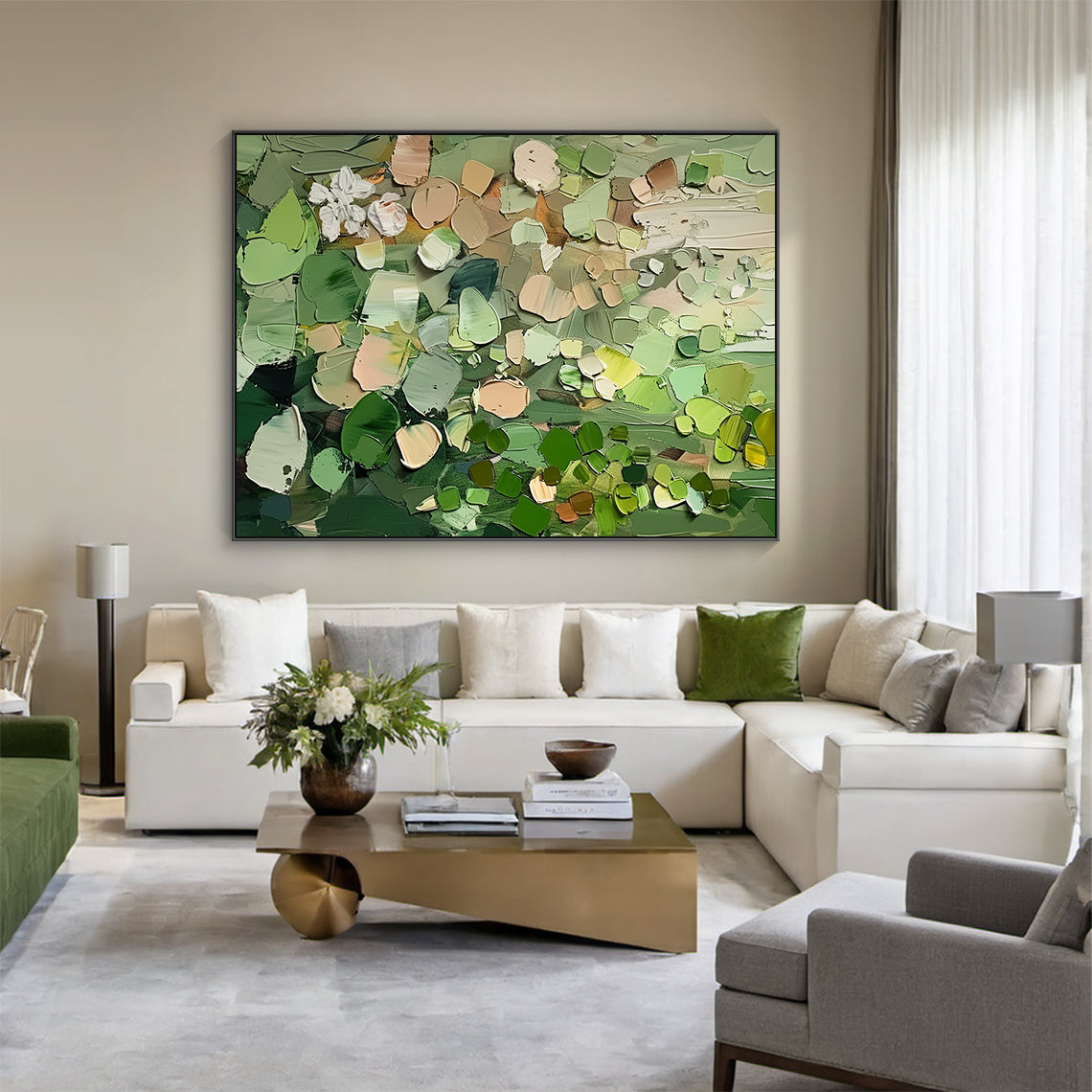 AURA163 Impasto Abstract Painting with thick textured layers of multi-tonal greens (olive, deep forest, light green), warm brown, beige, white, and subtle red accents. Abstract natural plant-inspired forms, hanging as a striking focal point in a sleek modern living room above a low-profile neutral sofa, beside a marble side table with a minimalist black floor lamp. Ideal for modern, contemporary, or Scandinavian interiors, adding tactile depth and nature-infused warmth to any space. This general abstract wa