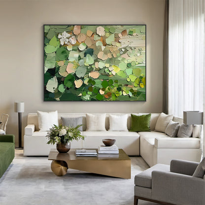 AURA163 Impasto Abstract Painting with thick textured layers of multi-tonal greens (olive, deep forest, light green), warm brown, beige, white, and subtle red accents. Abstract natural plant-inspired forms, hanging as a striking focal point in a sleek modern living room above a low-profile neutral sofa, beside a marble side table with a minimalist black floor lamp. Ideal for modern, contemporary, or Scandinavian interiors, adding tactile depth and nature-infused warmth to any space. This general abstract wa