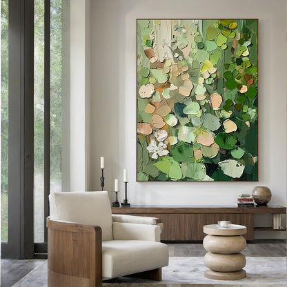 AURA163 Impasto Abstract Painting with thick textured layers of multi-tonal greens (olive, deep forest, light green), warm brown, beige, white, and subtle red accents. Abstract natural plant-inspired forms, hanging as a striking focal point in a sleek modern living room above a low-profile neutral sofa, beside a marble side table with a minimalist black floor lamp. Ideal for modern, contemporary, or Scandinavian interiors, adding tactile depth and nature-infused warmth to any space. This general abstract wa