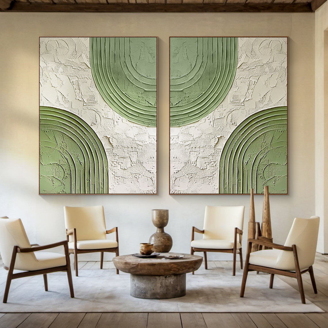 Two-Panel Symmetric 3D Textured Acrylic Wall Art Set – Sage Green Curved Layered Stripes on Off-White Textured Background. Modern Minimalist Design with Tactile Depth (casts dynamic shadows with light). Nature-infused, calming vibe, ideal for living room, bedroom, office, or entryway decor. Complements Nordic/modern style homes, adds a sophisticated focal point to any space.  
**(Character count: ~180, well within 500 limit)**