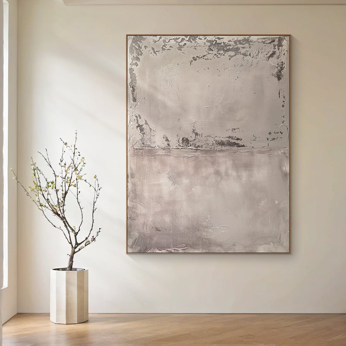 Wabi Sabi Abstract Tactile Impasto Gray Wall Art with Muted Pink Undertones & Distressed Surface (AURA191) - A warm focal point in a cozy bohemian bedroom. Features layered impasto texture, weathered patterns, soft silvery grays to deep charcoal, subtle pink hints. Displayed above a warm wooden bed frame with beige linen bedding, complementing woven macramé wall hangings, a potted fiddle leaf fig in the corner, and soft ambient light from a ceramic table lamp. Ideal for bohemian, organic home decor.