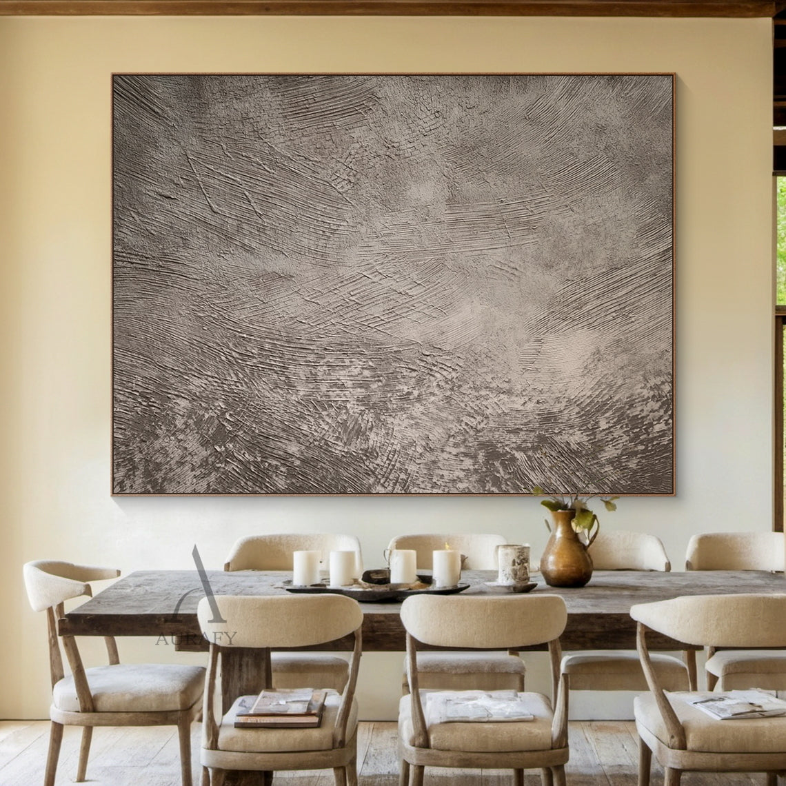 Gray abstract art with plaster textured surface: sculpted parallel and diagonal scratches (varying thickness, density, depth) create dynamic layered visual肌理. Industrial minimalist style, neutral gray palette (soft ash to rich charcoal) with subtle light/shadow interplay enhancing depth. Tactile 3D design ideal for contemporary studio, Scandinavian-inspired dining area, or sleek home office wall decoration (AURA596).