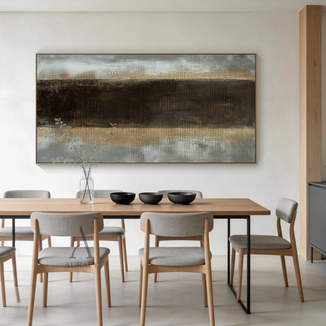 AURA409 General Abstract Wall Art | Black Gray with Warm Metallic Undertones | 3D Tactile Surface | Layered Impasto | Vertical Rhythmic Strokes | Minimalist Wabi-sabi Style | Ideal for Nordic-style Study Room, Simple Entryway, or Light Luxury Dining Area Focal Point