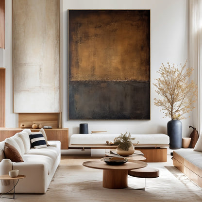 Vertical high-end abstract wall art with split composition: warm gold-brown upper half and deep black lower half, featuring tactile knife strokes and thick impasto texture. Hung as a focal point in a Scandinavian minimalist bedroom with serene tones—light gray linen bedding, natural oak nightstand, soft wool rug, potted fiddle-leaf fig—embodying natural simplicity and understated luxury, ideal for adding depth and warmth to calm resting spaces.